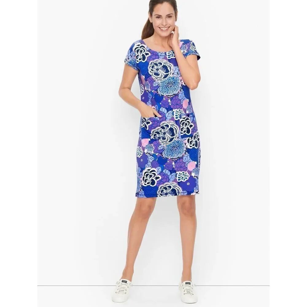 NWT T by Talbots Cotton Blend Terry Dress Blue Floral Print L Petite Spring